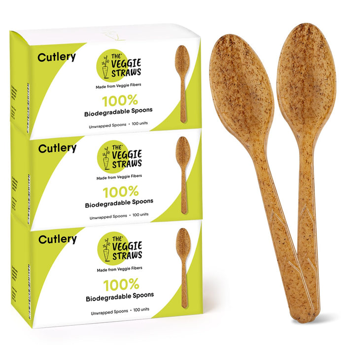 100% Biodegradable Cutlery Made of Vegetable Fibers, 300 PCS of 6.7” Long Heavy-Duty and Splinter Free Eco-Friendly Spoons, Forks & Knives, Perfect Sustainable Cutlery by The Veggie Straws