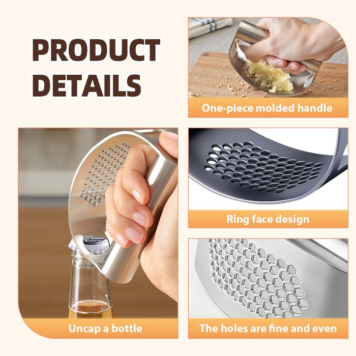 2026 New Garlic Press Rocker, Upgrade Garlic Press Stainless Steel, Portable Manual Stainless Steel Garlic Press Rocker, Innovative Garlic Crusher with Peeler and Scraper (3)