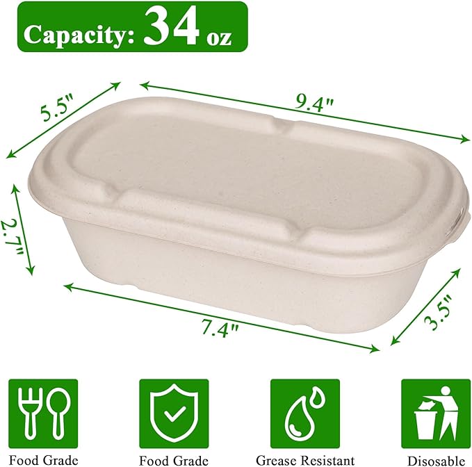 34 oz Disposable Food Containers with Lids, Meal Prep Containers, 50 Pack