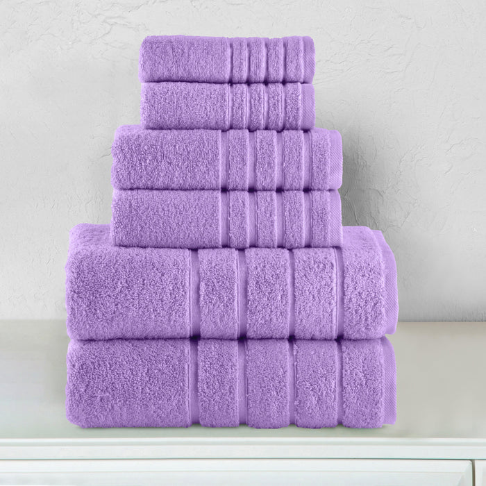 6-Piece Turkish Cotton 4 Lines Stripe Towel Set, 2 Washcloths, 2 Hand Towels and 2 Bath Towels