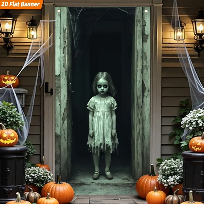 A 2D flat banner suitable for Halloween, featuring a large ghost girl door decoration