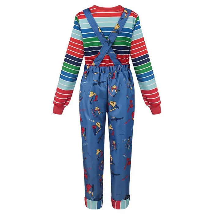 Adult Chucky Cosplay Costume with Striped Shirt and Jumpsuit for Chucky Overalls Halloween Costumes
