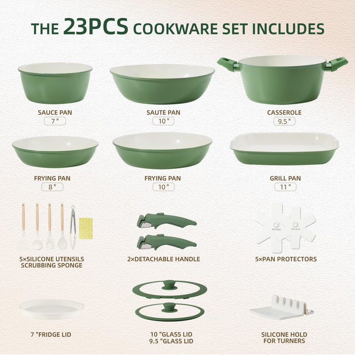 BECIGAR 23pcs Ceramic Pots and Pans Set, Nonstick Detachable Handle Cookware, Induction Kitchen Cooking Set with Removable Handle,include Frying Pans & Saucepans Oven Safe(Green)