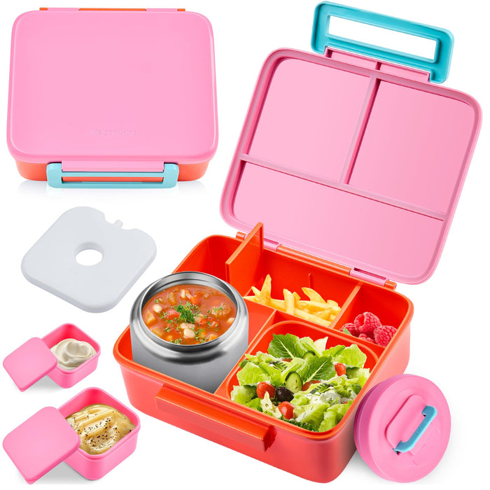 Bento Lunch Box for Kids with 8oz Soup Thermo Leak-Proof Lunch Food Containers with Snack Sauce Container for Kid Girls Boys to School,Pink