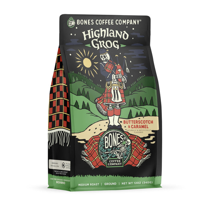 Bones Coffee Company Macamaniac, Macadamia and Coconut Flavored Coffee, Medium Roast Low Acid Arabica Beans Compatible with Auto drip and French Press Coffee Maker, 12 Oz Ground