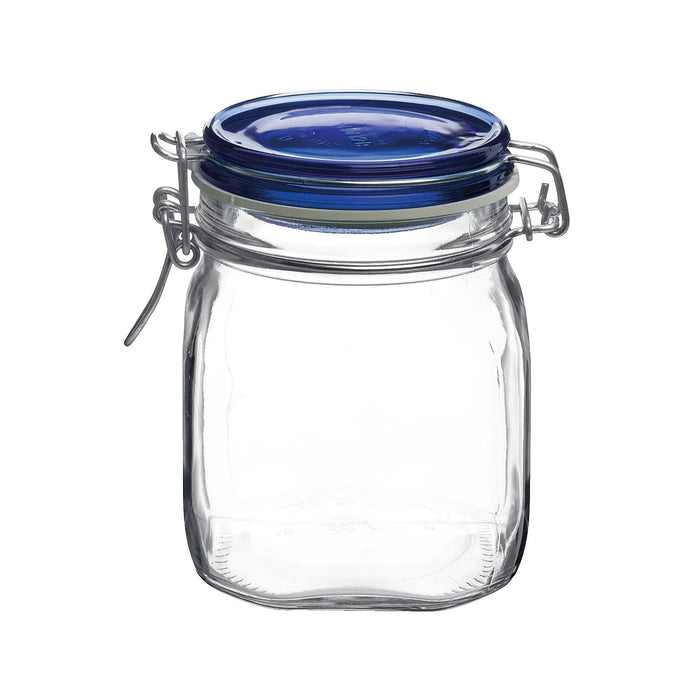 Bormioli Rocco Fido Glass Jar, Blue Lid - Serving & Entertaining Container - 33.75 oz Airtight Clamp Canister for Appetizers, Desserts, Snacks & Gifting - Italian Glass, Dishwasher Safe