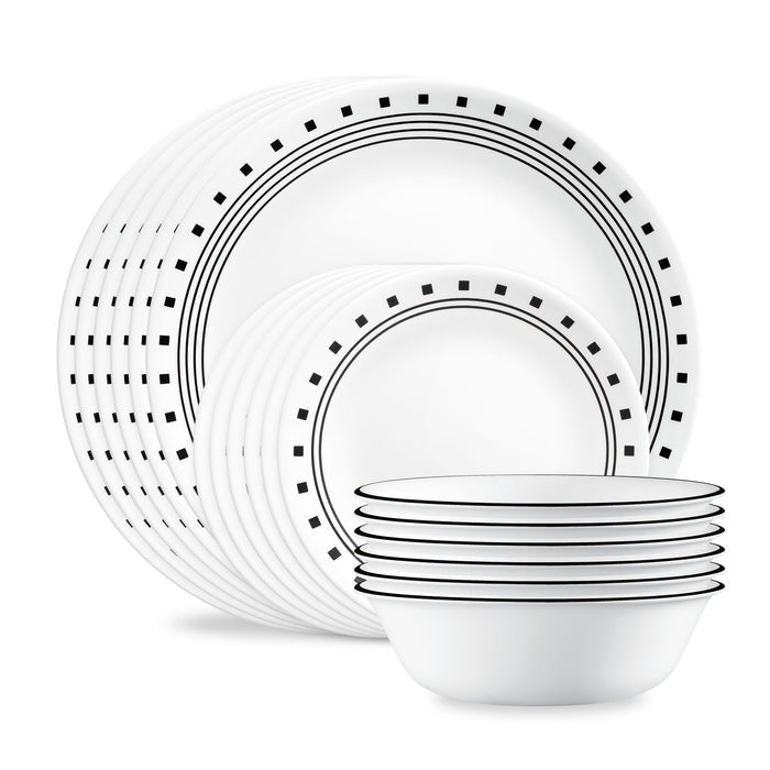 Corelle Vitrelle 18-Piece Service for 6 Dinnerware Set Triple Layer Glass and Chip Resistant, Lightweight Round Plates and Bowls Set, City Block