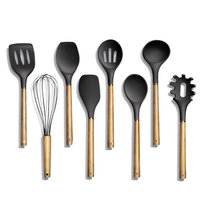 Country Kitchen Non Stick Silicone Utensil Set with Rounded Wood Handles for Cooking and Baking, 6 Piece Set, Black