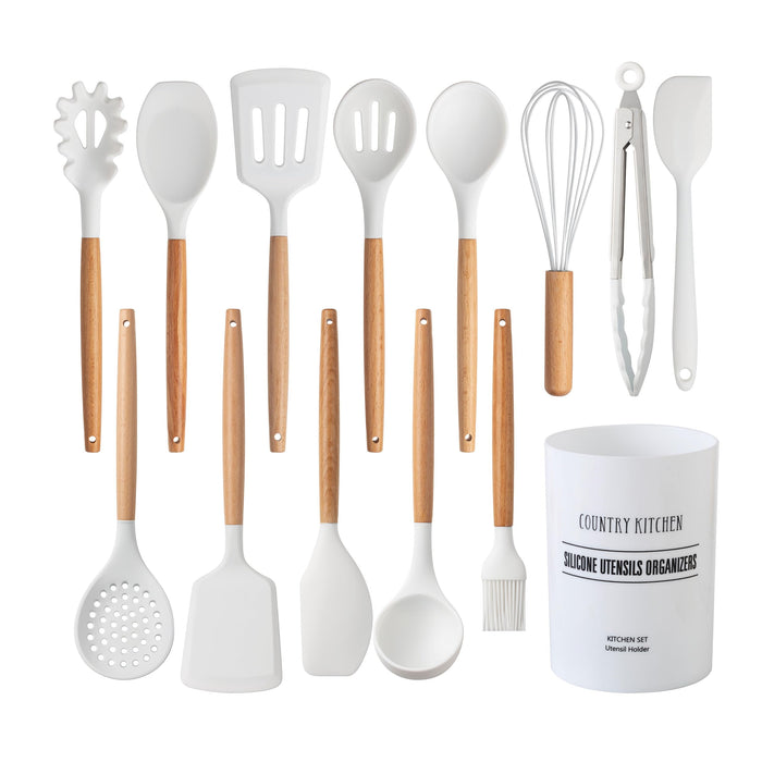 Country Kitchen Non Stick Silicone Utensil Set with Rounded Wood Handles for Cooking and Baking, 6 Piece Set, Black