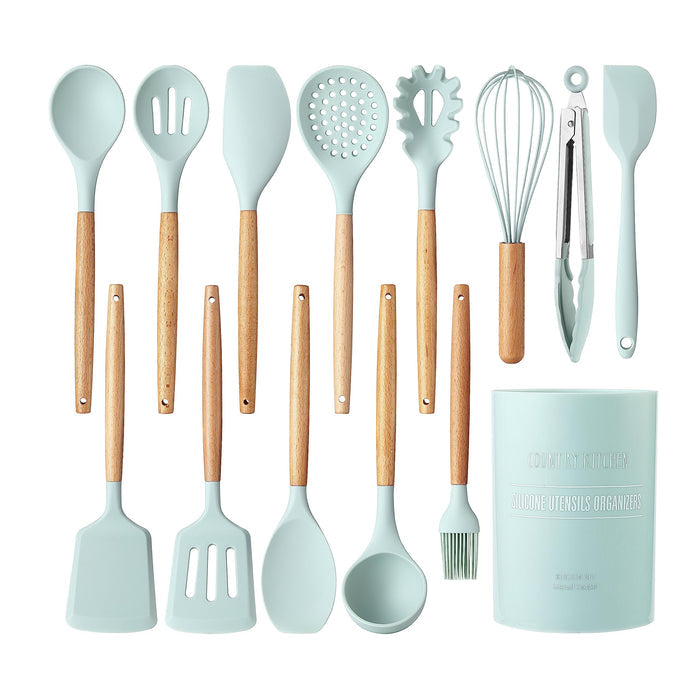 Country Kitchen Non Stick Silicone Utensil Set with Rounded Wood Handles for Cooking and Baking, 6 Piece Set, Black