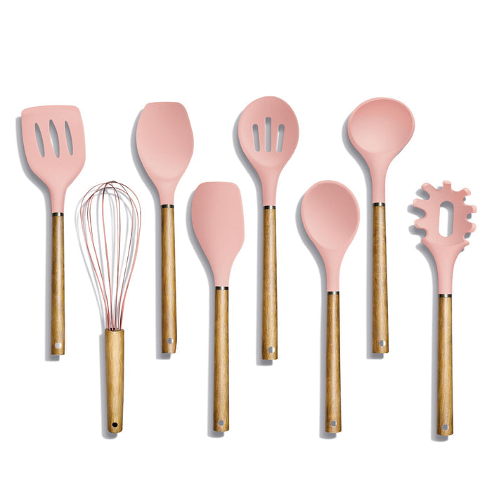 Country Kitchen Non Stick Silicone Utensil Set with Rounded Wood Handles for Cooking and Baking, 6 Piece Set, Black