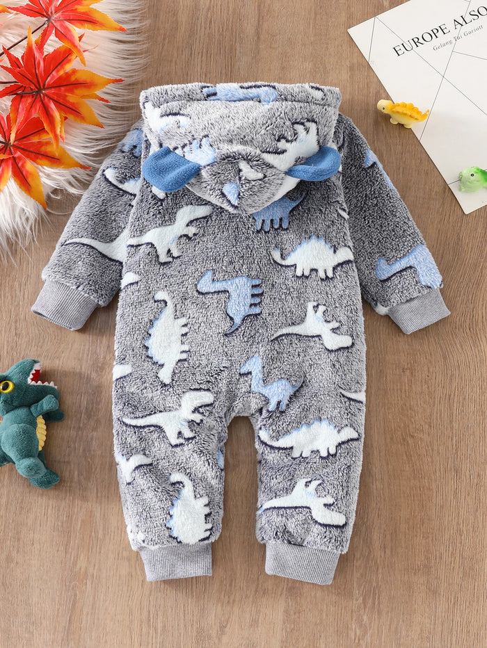 Cute and Warm Casual Fuzzy Dinosaur Printed Onesie for Baby Boys