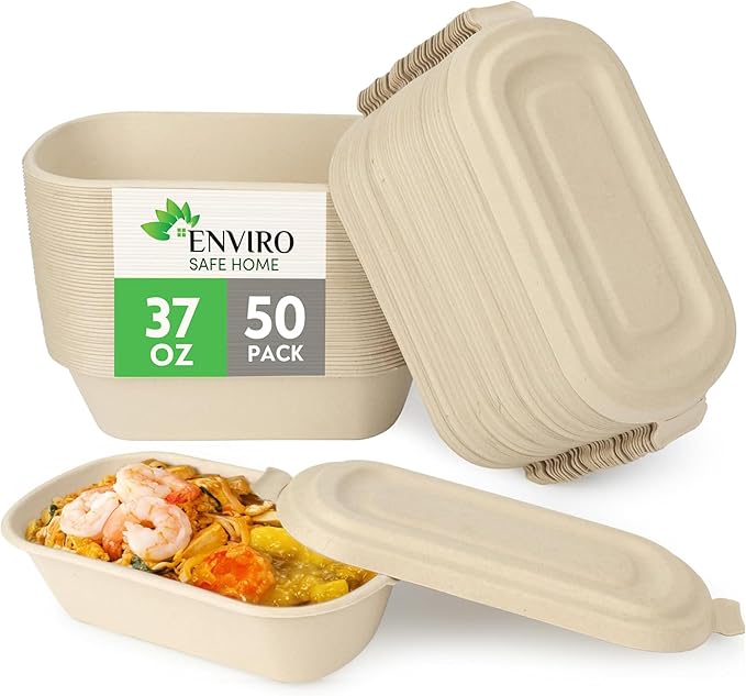 Enviro Safe Home 37 oz Disposable Bamboo Meal Prep Container, 50 Pack To Go