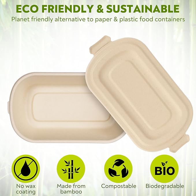 Enviro Safe Home 37 oz Disposable Bamboo Meal Prep Container, 50 Pack To Go