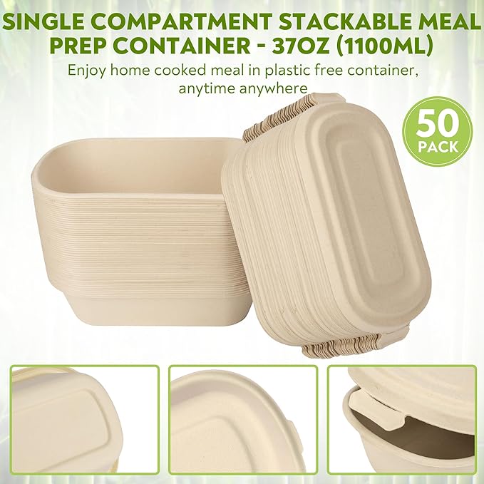 Enviro Safe Home 37 oz Disposable Bamboo Meal Prep Container, 50 Pack To Go