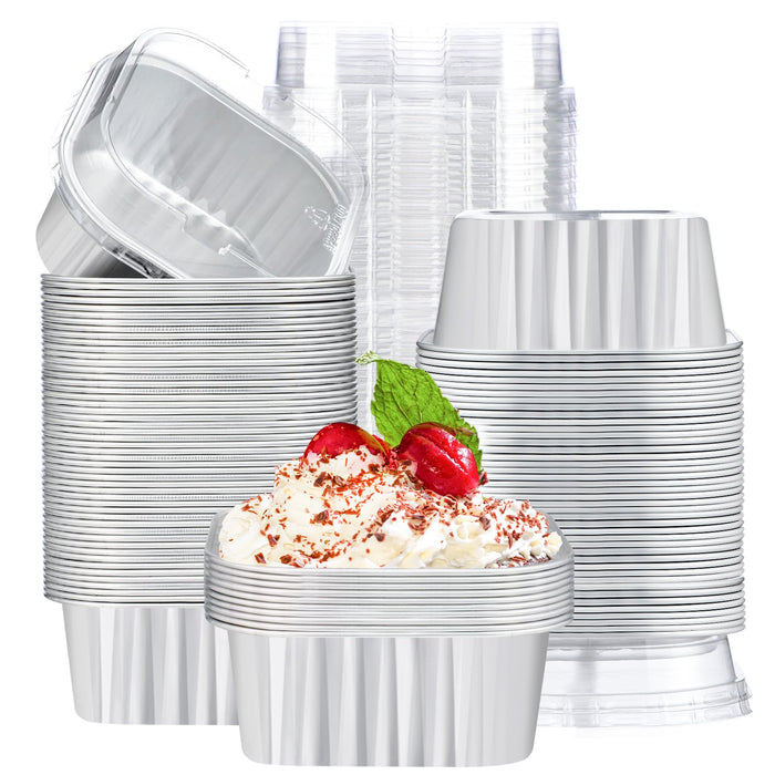 EUSOAR Creme Brulee Ramekins Disposable, 50pcs 10oz Cupcake Liners Foil Baking Cups with Lids, Aluminum Muffin Cups Square Dessert Wrappers Mini Cake Loaf Bread Pans for Wedding Birthday Party