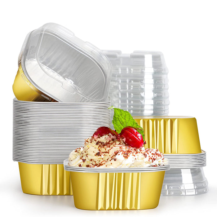 EUSOAR Creme Brulee Ramekins Disposable, 50pcs 10oz Cupcake Liners Foil Baking Cups with Lids, Aluminum Muffin Cups Square Dessert Wrappers Mini Cake Loaf Bread Pans for Wedding Birthday Party