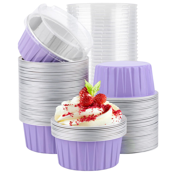 EUSOAR Cupcake Liners for Baking, 50pcs 5oz Muffin Liners, Disposable Foil Ramekins, Dessert Containers, Aluminum Foil Baking Cupcake Cups Holders Pans with Lids 5 Colors Mixed
