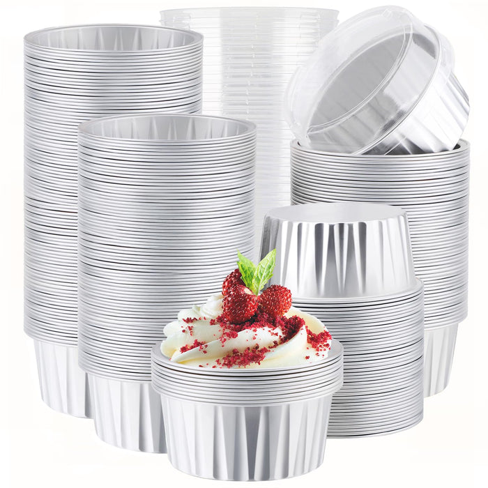 EUSOAR Cupcake Liners for Baking, 50pcs 5oz Muffin Liners, Disposable Foil Ramekins, Dessert Containers, Aluminum Foil Baking Cupcake Cups Holders Pans with Lids 5 Colors Mixed