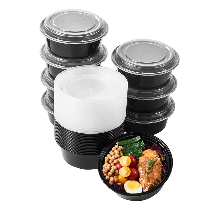 FULING 24 oz 50 ct Round Meal Prep Food Storage Containers with Lids To Go Plastic Lunch Plan Box Disposable Take Out Bowls Black BPA Free Reusable Durable Stackable Microwave Freezer Dishwasher Safe