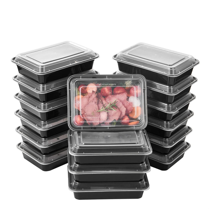 FULING 24 oz 50 ct Round Meal Prep Food Storage Containers with Lids To Go Plastic Lunch Plan Box Disposable Take Out Bowls Black BPA Free Reusable Durable Stackable Microwave Freezer Dishwasher Safe