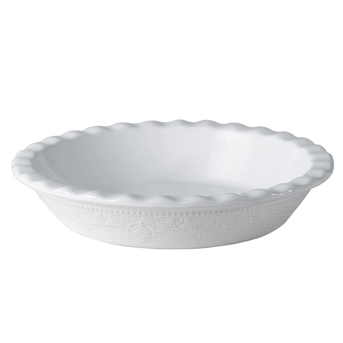 Fun Elements Pie Pan, 9 Inch Ceramic Pie Dish, Deep Dish Pie Pan with Lace Emboss, Ruffled Pie Plate for Baking, Thanksgiving Christmas Gifts, Set of 2, White