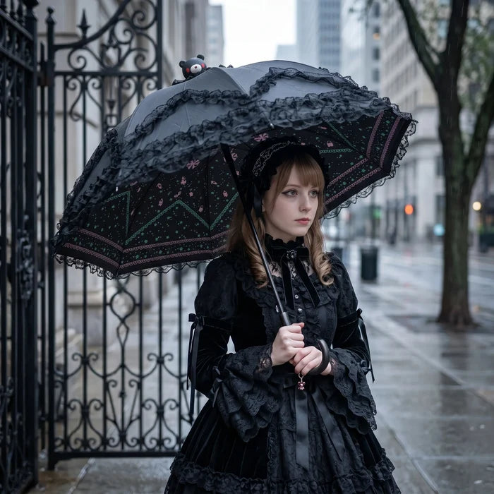 Gothic Lolita Lace Umbrella, Cute Bear Top Decor, Black/Pink Parasol for Sun & Rain, Kawaii Victorian Style