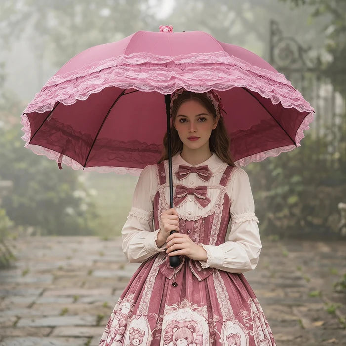 Gothic Lolita Lace Umbrella, Cute Bear Top Decor, Black/Pink Parasol for Sun & Rain, Kawaii Victorian Style