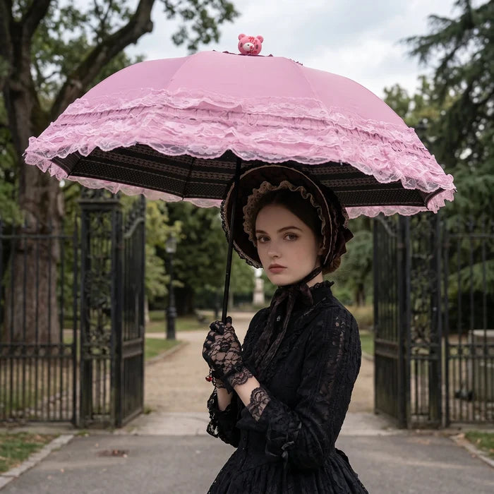 Gothic Lolita Lace Umbrella, Cute Bear Top Decor, Black/Pink Parasol for Sun & Rain, Kawaii Victorian Style
