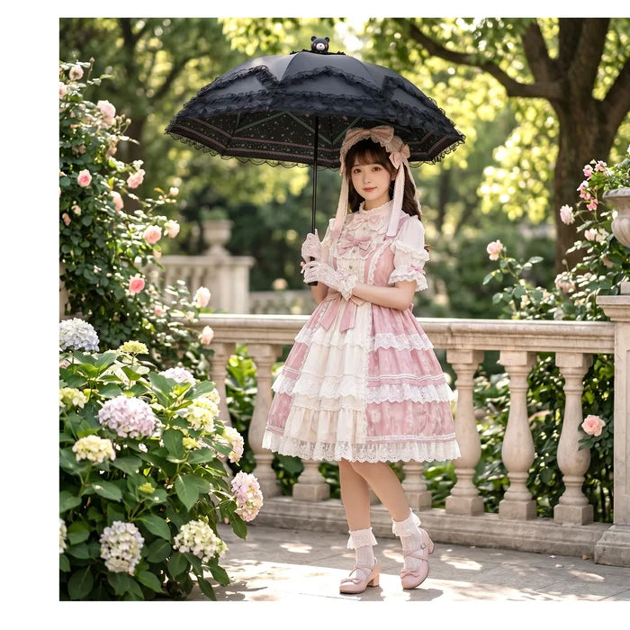 Gothic Lolita Lace Umbrella, Cute Bear Top Decor, Black/Pink Parasol for Sun & Rain, Kawaii Victorian Style