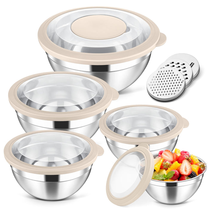 Herogo 5-Piece Mixing Bowls with Airtight Clear Lids, 3 Grater Attachments, Stainless Steel Large Bowls of 5 for Kitchen, Size 4.6, 3.5, 2.5, 2, 1.5QT Ideal for Mixing and Serving, Blue