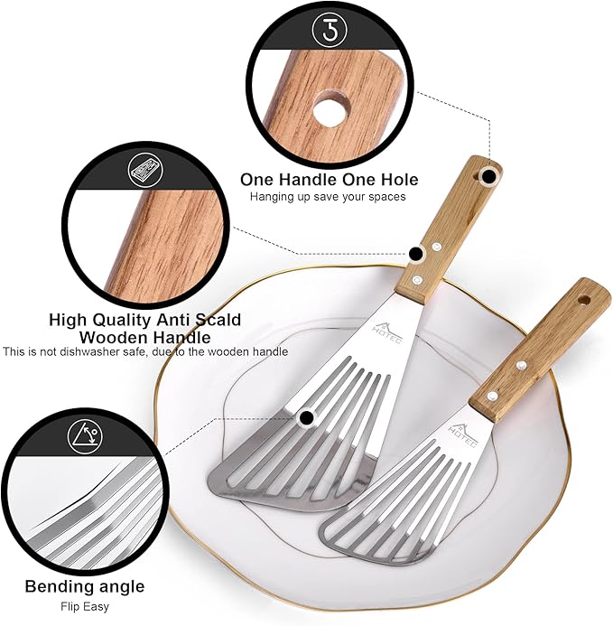 HOTEC 2-Pack Stainless Steel Fish Spatula, Wooden Handle