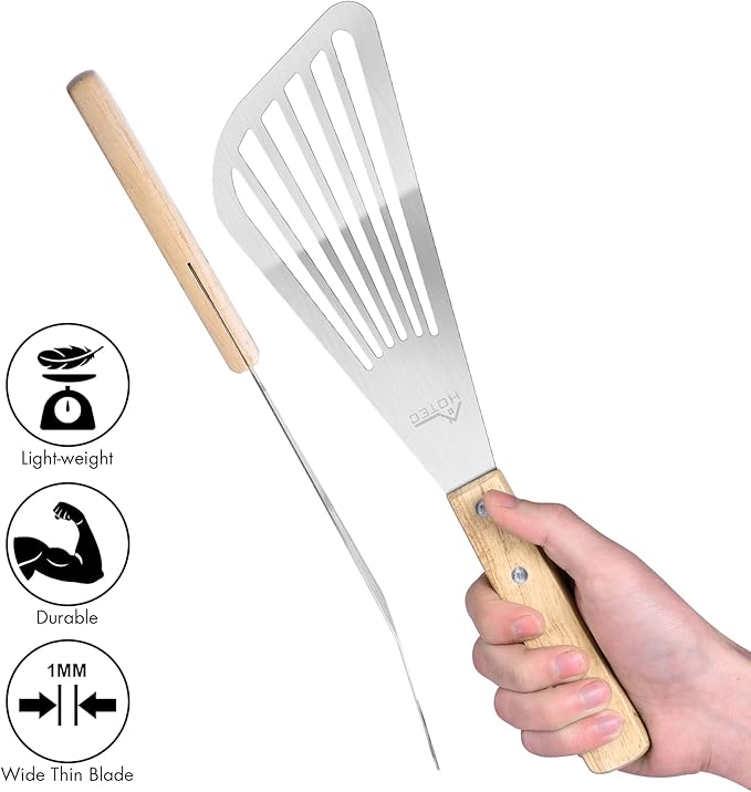 HOTEC 2-Pack Stainless Steel Fish Spatula, Wooden Handle