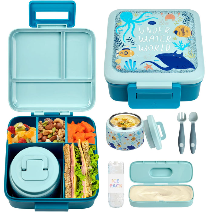 JXXM Bento Lunch Box for Kids With 8oz Soup thermo,Leak-proof Lunch Containers with 5 Compartment,thermo Food Jar and Lunch Bag, Food Containers for School (A-Blue(Dinosaur))