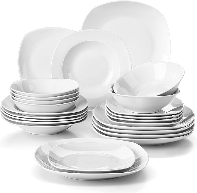 MALACASA 30 Piece Porcelain Dinnerware Set, Grey White Dish Set for 6, Square Ceramic Dishware Sets, Chip and Scratch Resistant Plates and Bowls Sets, Cups and Saucers, Series ELISA