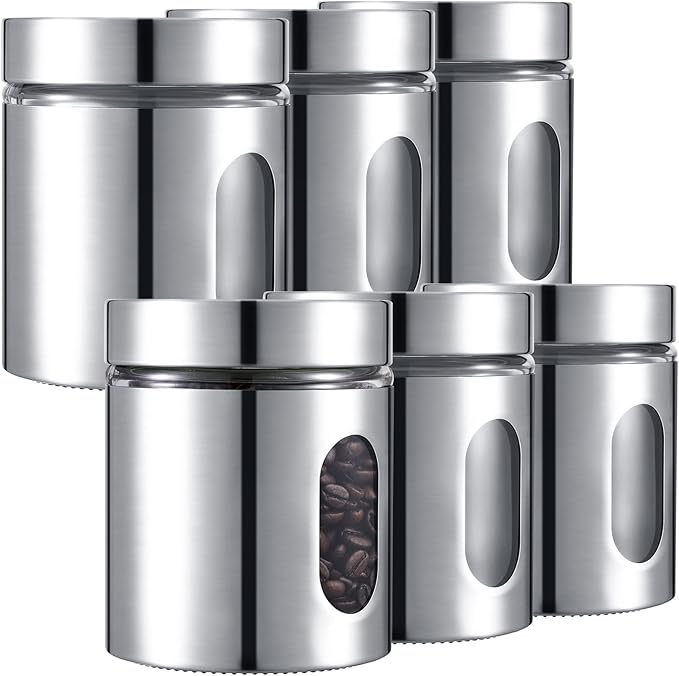 Mimorou 6 Pack 44 oz Airtight Stainless Steel Kitchen Canisters, Silver