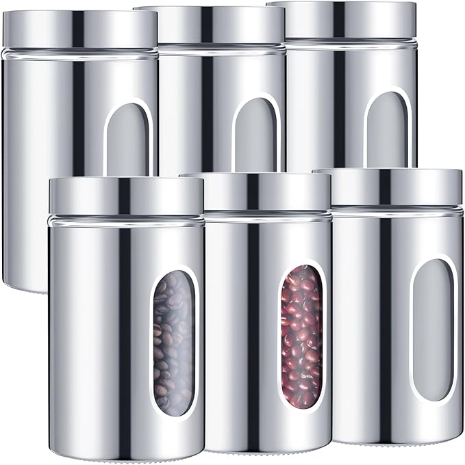 Mimorou 6 Pack 44 oz Airtight Stainless Steel Kitchen Canisters, Silver