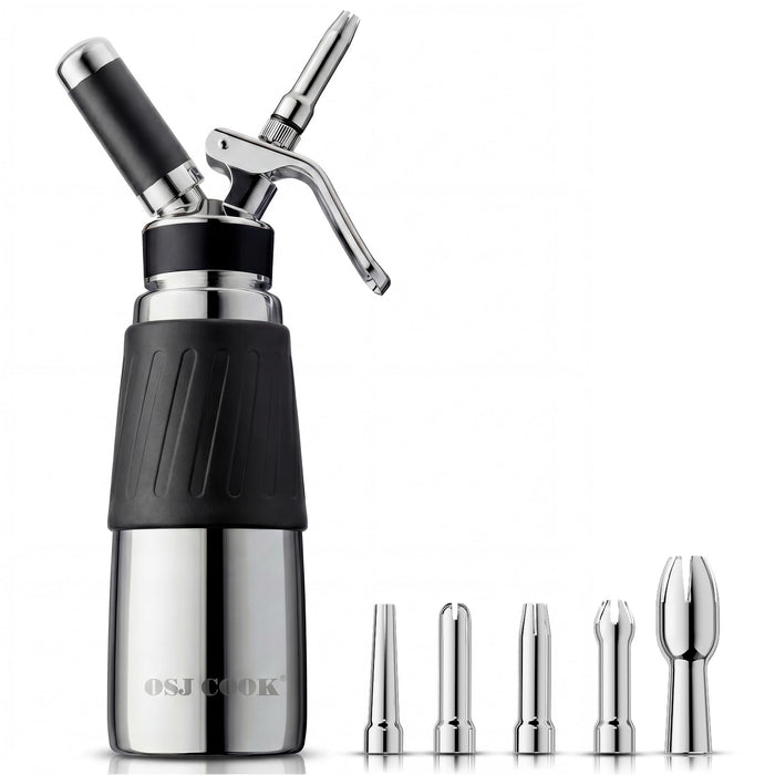 OSJCOOK Whipped Cream Dispenser Stainless Steel Cream Whipper Mirror Finish,500 mL/1 Pint Professional Cream Maker,5 Various Stainless Decorating Nozzles,1 Cleaning Brush,N2O Chargers NOT included