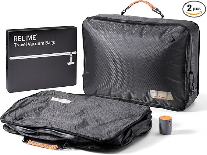 Relime Apex Series Vacuum Bags for Travel Luggage, 180° Open, Reusable Compression Bags for travel Pack, Vacuum Seal Packing Cube for Cloth (2Large+Pump)