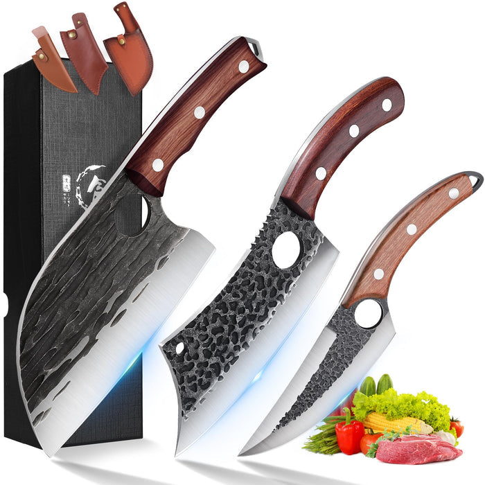 ROCOCO Butcher Cleaver Knife Set - 13PCS Serbian Chef Viking Boning Knife