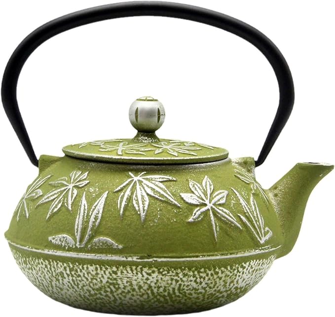 SECHUDO Cast Iron Teapot Tea Kettle with Stainless Steel Infuser for Stovetop Safe Coated with Enameled Interior Japanese Red Tetsubin with Maple Leaves Pattern(30.4oz/900ml)
