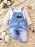 Spring Autumn Baby Boys 1-6M Faux Denim Overalls Print Long Sleeve Onesie Newborn Casual Daily Romper