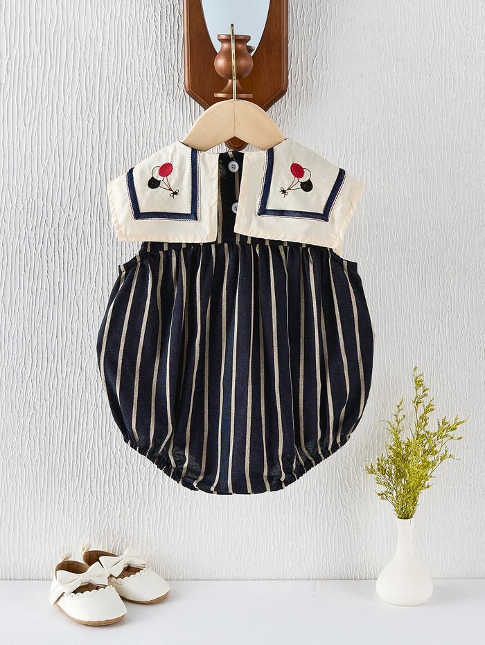 Summer Baby Girl's Large Lapel Sleeveless Triangular Jumpsuit with Striped Body and Navy Collar