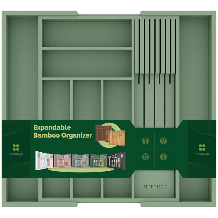 TIOPGHAD Expandable Bamboo Silverware Drawer Organizer Tray, Grayish Green