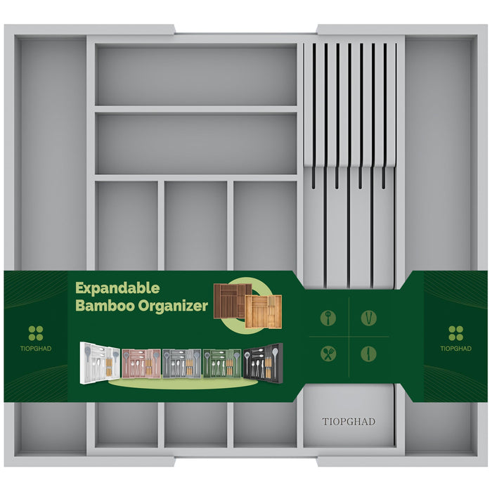 TIOPGHAD Expandable Bamboo Silverware Drawer Organizer Tray, Grayish Green