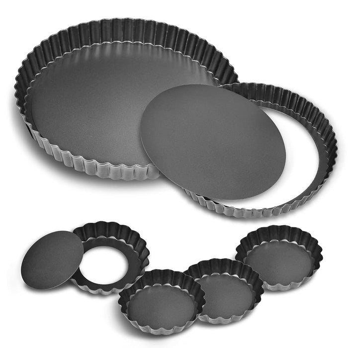 TORASO 9 Inch and 4 Inch Tart Pan with Removable Bottom, 2 PCS 9 Inch Quiche Pan and 4 PCS 4 Inch Pie Pan, Non-Stick Baking Pan (Set of 6)