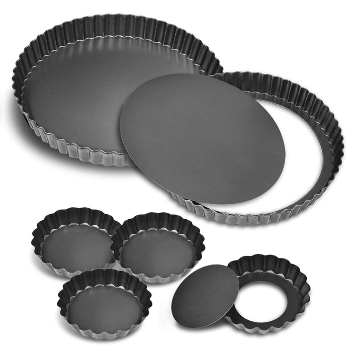 TORASO 9 Inch and 4 Inch Tart Pan with Removable Bottom, 2 PCS 9 Inch Quiche Pan and 4 PCS 4 Inch Pie Pan, Non-Stick Baking Pan (Set of 6)
