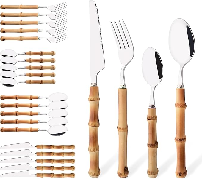 Uniturcky 8 PCS Small Fork, 6.3 Inches Stainless Steel Dessert Forks with Bamboo Handle, Kitchen Flatware Cutlery Set, Use for Tasting Cakes Fruits and Appetizer, Mirror Polished