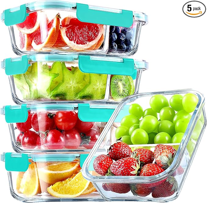 VERONES 5 PACK 36 OZ Glass Food Storage Containers 2 Compartment Set, Grey