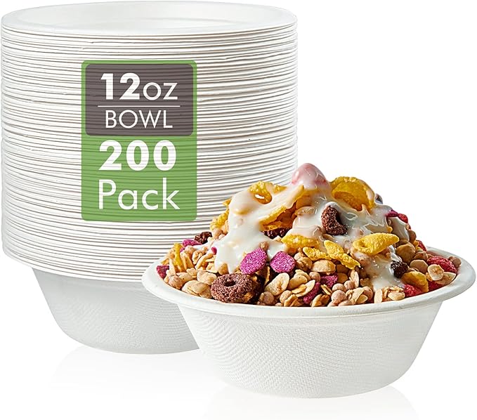Vplus 180 Pack 16 OZ Compostable Paper Bowls, Bagasse Bowls，White